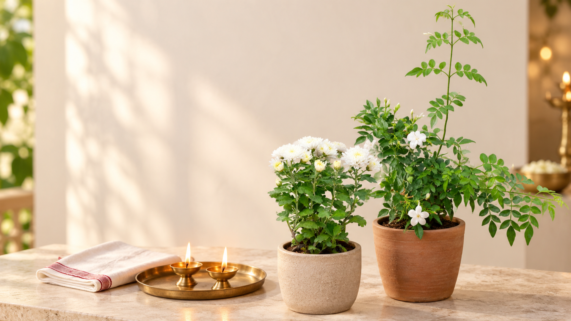 Day 2 (Maa Brahmacharini): Jasmine (चमेली)/ White Chrysanthemum (सफेद गुलदाउदी)